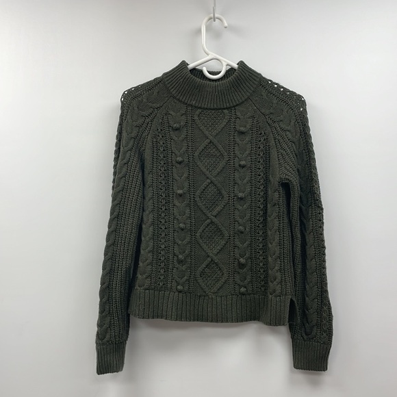 J. Crew Ezra Cable Knit Pom-Pom Crewneck Sweater Boho Grandpa Army Green XS - Picture 2 of 9
